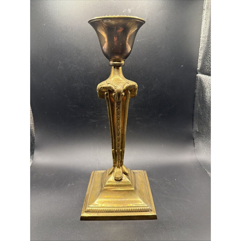 Vintage Solid Brass Candlestick Ram Head Taper Candle Art Deco 11 1/2 in